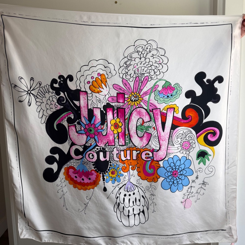 Juicy Couture Floral Logo 100% Silk Square Scarf Multi Womens Y2K Designer